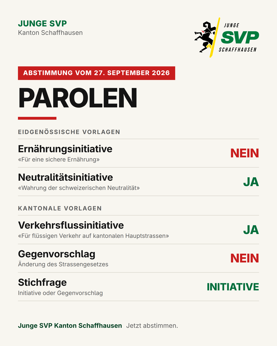 JSVP Schaffhausen fasst die Parolen zur Abstimmung vom 27. September 2026